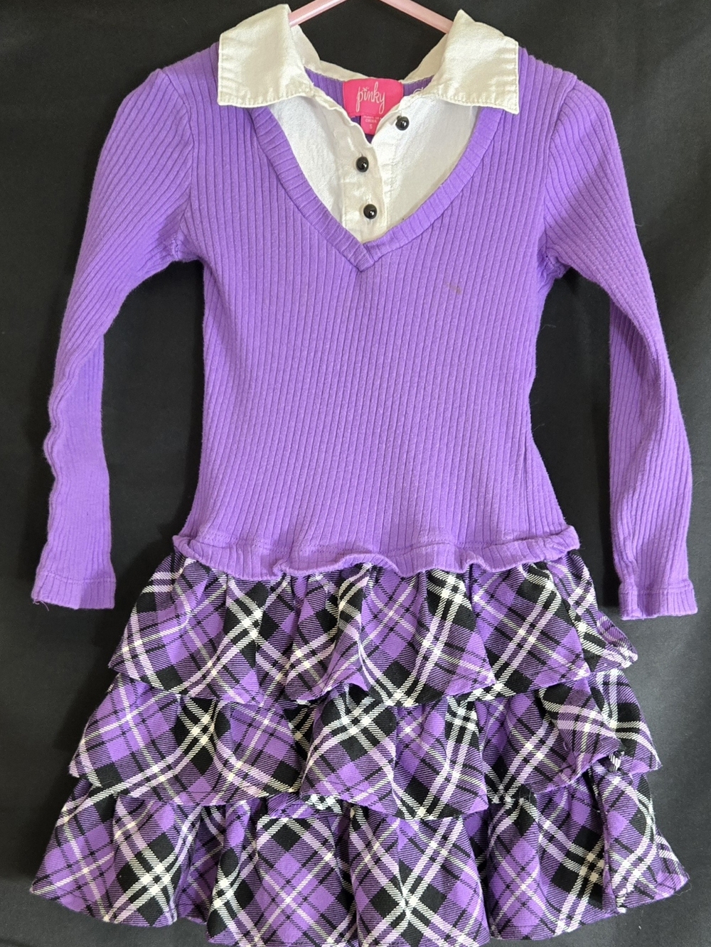 Pinky Girls' Purple Layered Plaid Dress with Collar